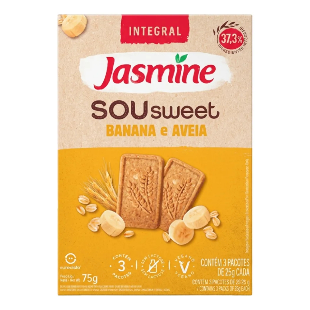 Biscoito Vegano Integral Banana & Aveia Jasmine Sou Sweet Caixa 75g