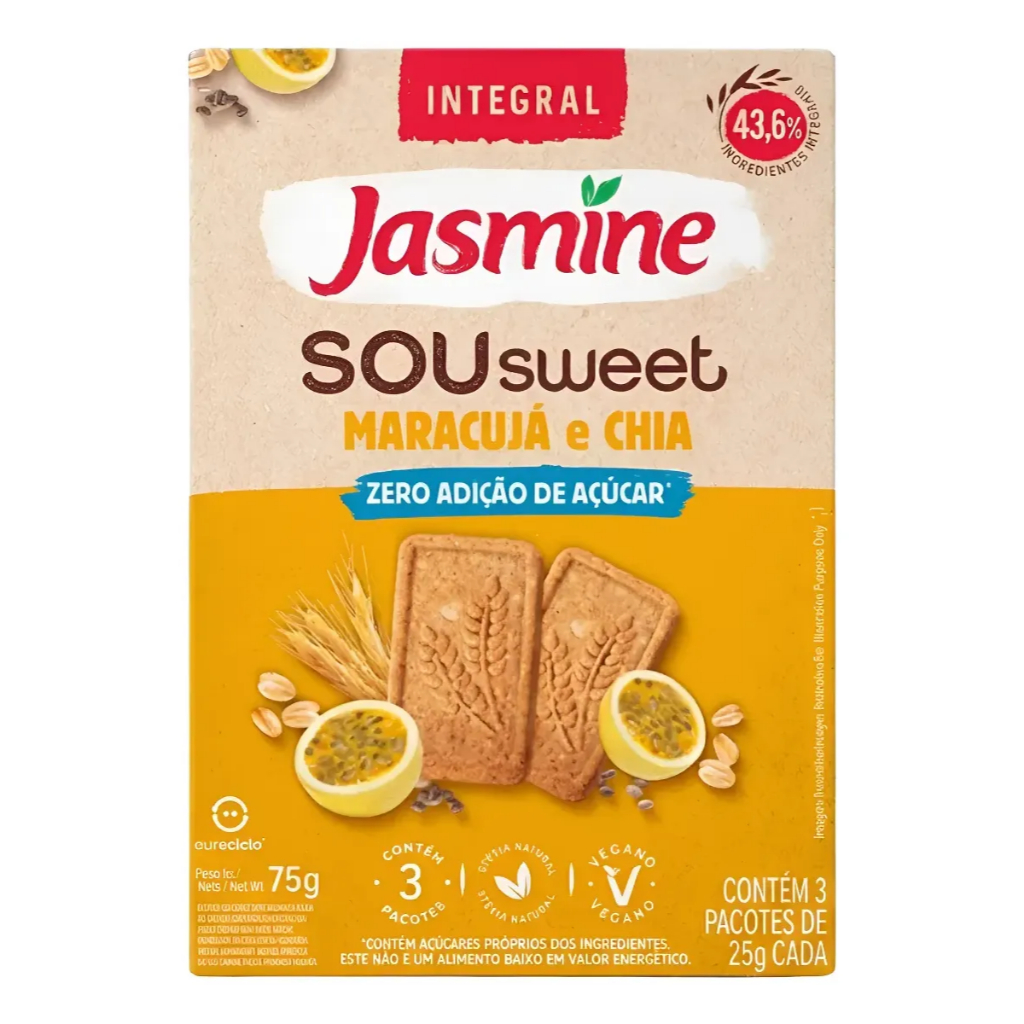 Biscoito Vegano Integral Maracujá & Chia Zero Açúcar Jasmine Sou Sweet Caixa 75g
