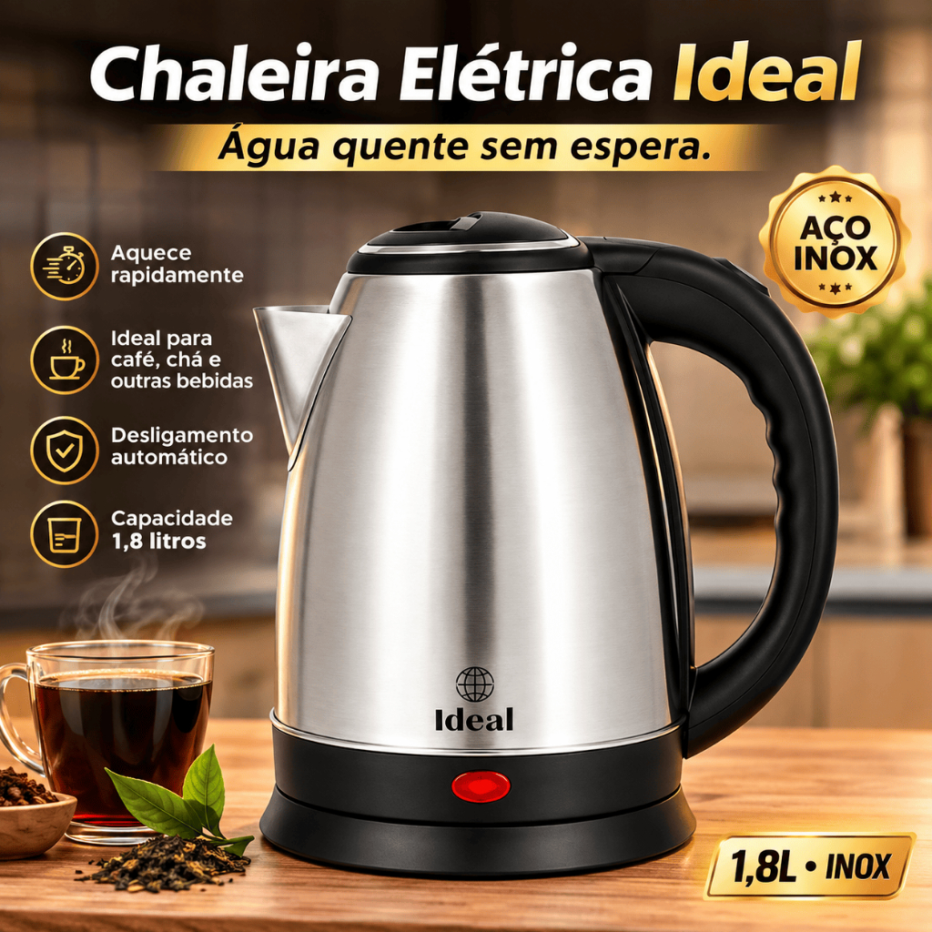 Chaleira  Elétrica 110V ou  220V Inox 1.8 Litros Rápida Aquecimento Silenciosa Design Moderno