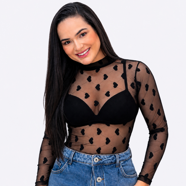 Blusa Tule Feminina Transparente Manga Longa Desenhada E Lisa