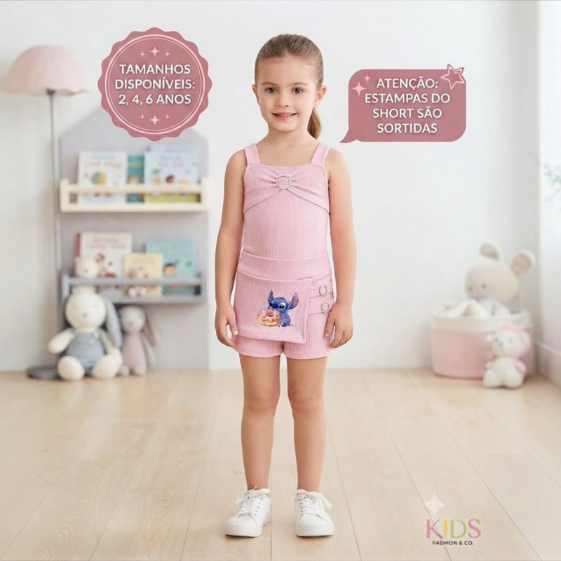 Conjunto Femenino Infantil Regata+Short-saia estampado