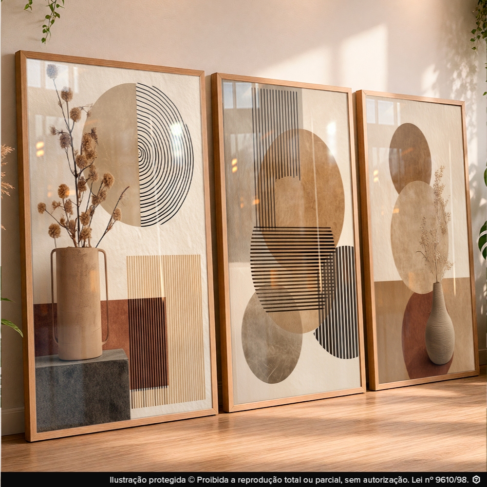 Quadros Decorativos Trio Moderno Terroso Geométrico para Sala Hall