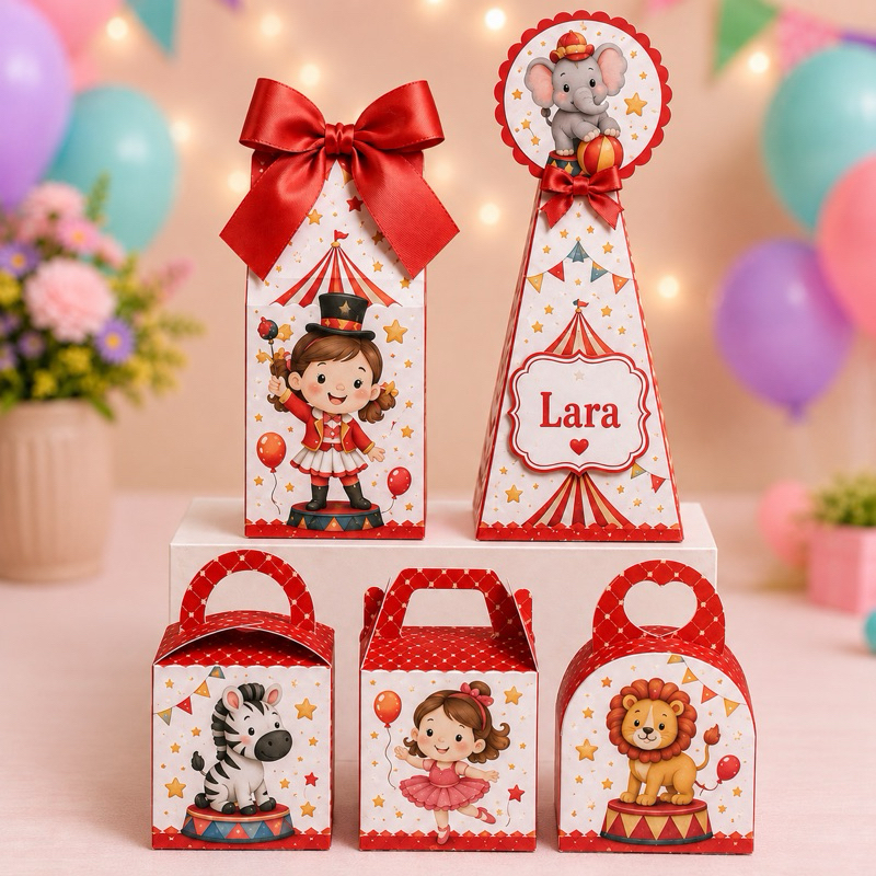 Caixinhas Personalizadas Circo Vermelho Menina lembrancinha para festa, aniversário, mesversario.
