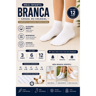 KIT De 3 Até 12 Pares De Meias INFANTIL Brancas Algodão