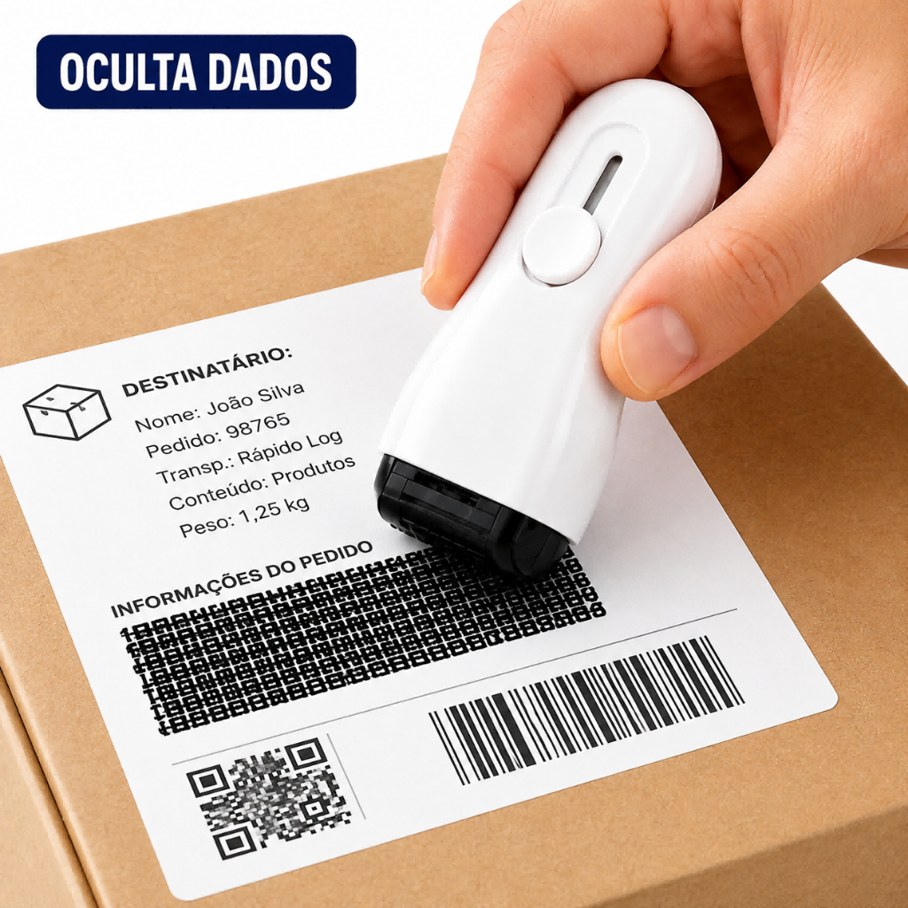 Carimbo de Privacidade 2 em 1 Oculta Dados com Cortador Abre Caixas para Etiquetas e Encomendas