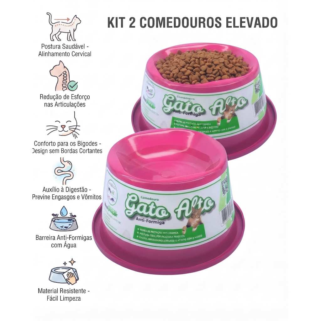 Kit 2 Comedouro Elevado para Gatos Anti Formiga Postura Correta Pote de Ração