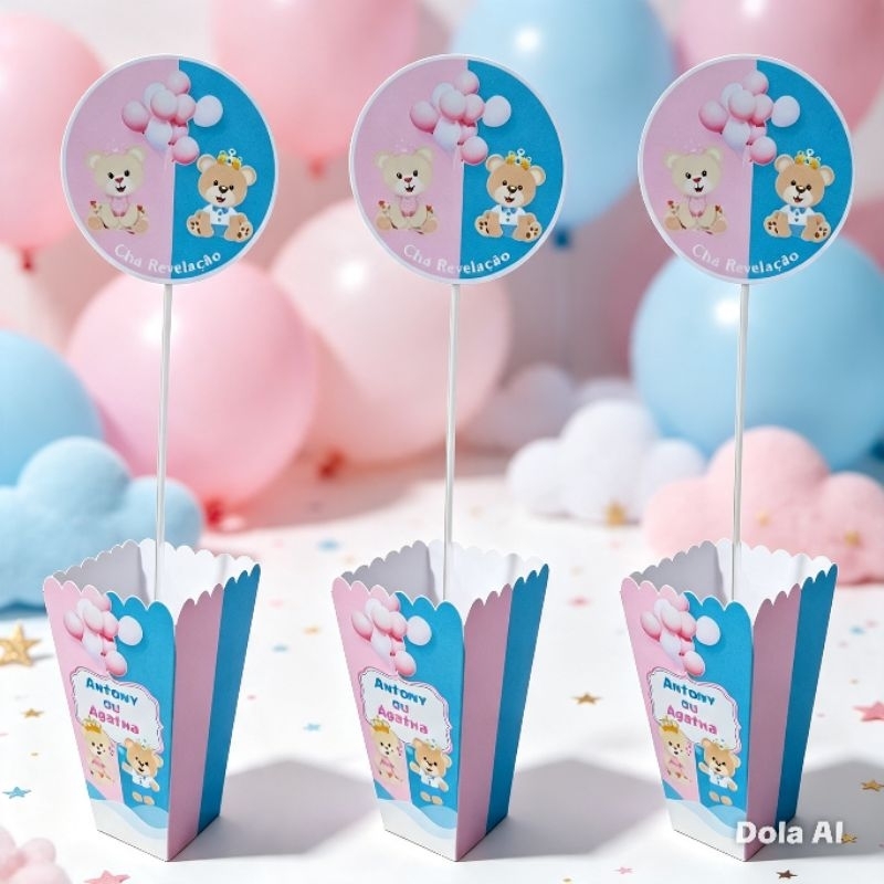 Kit 10/15/20 Centros de mesa personalizado, cachepot, Chá Revelação Ursinhos