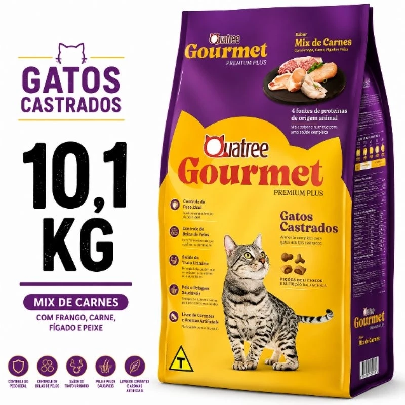 Ração Gatos Castrados Quatree Gourmet Mix de Carnes 10,1Kg