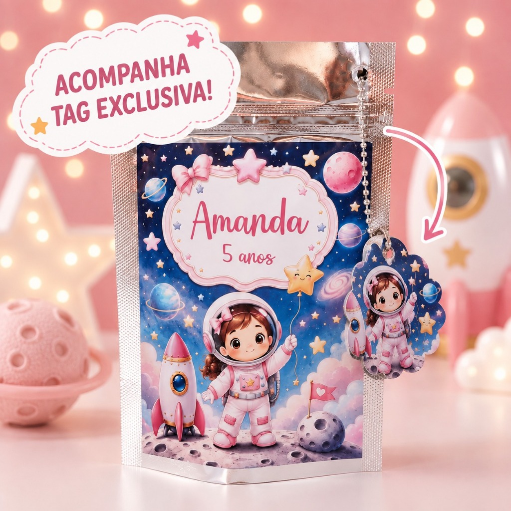 Saquinho Ziplock Personalizado 10x15cm Astronauta menina | Lembrancinha Festa Infantil | sacolinha surpresa