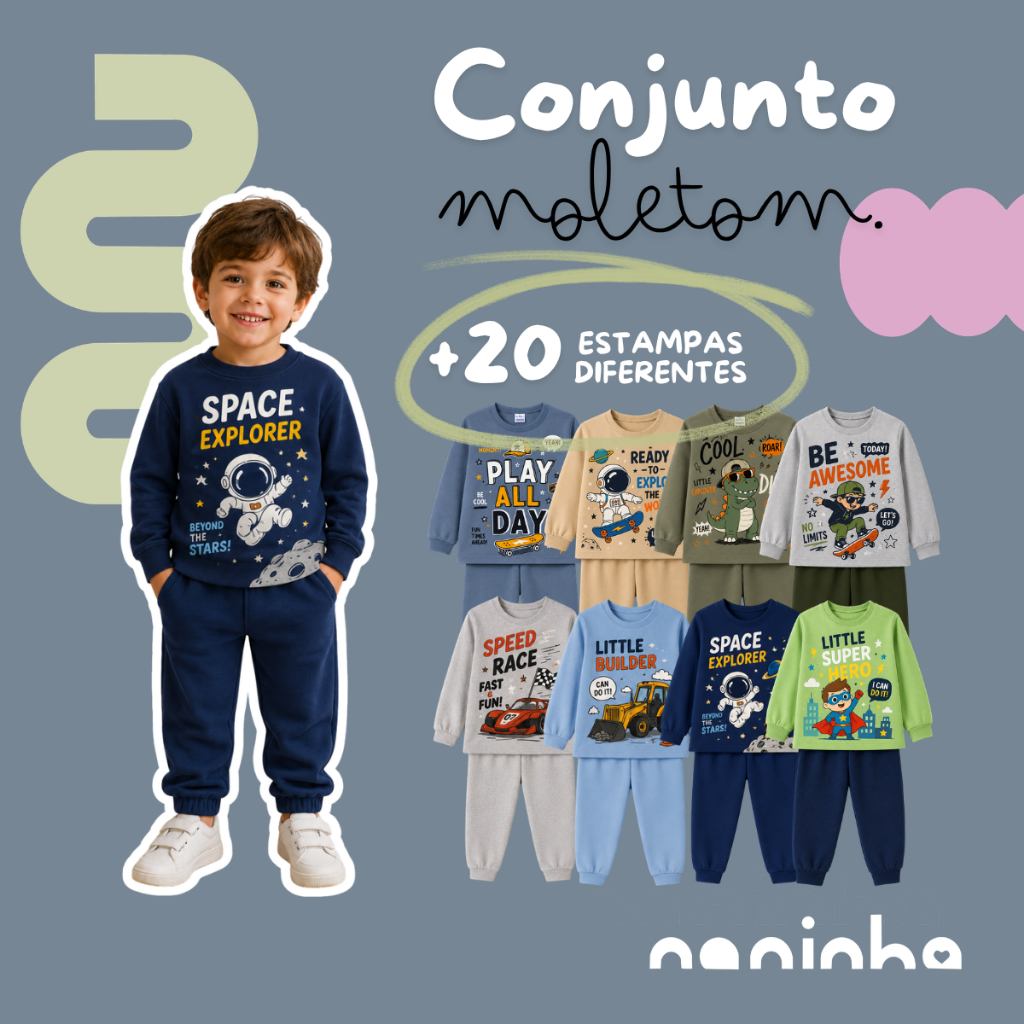 Kit 2 a 4 Peças Conjunto Infantil Sortido Inverno Menino Estampado Moletom Frio 1 a 8 anos