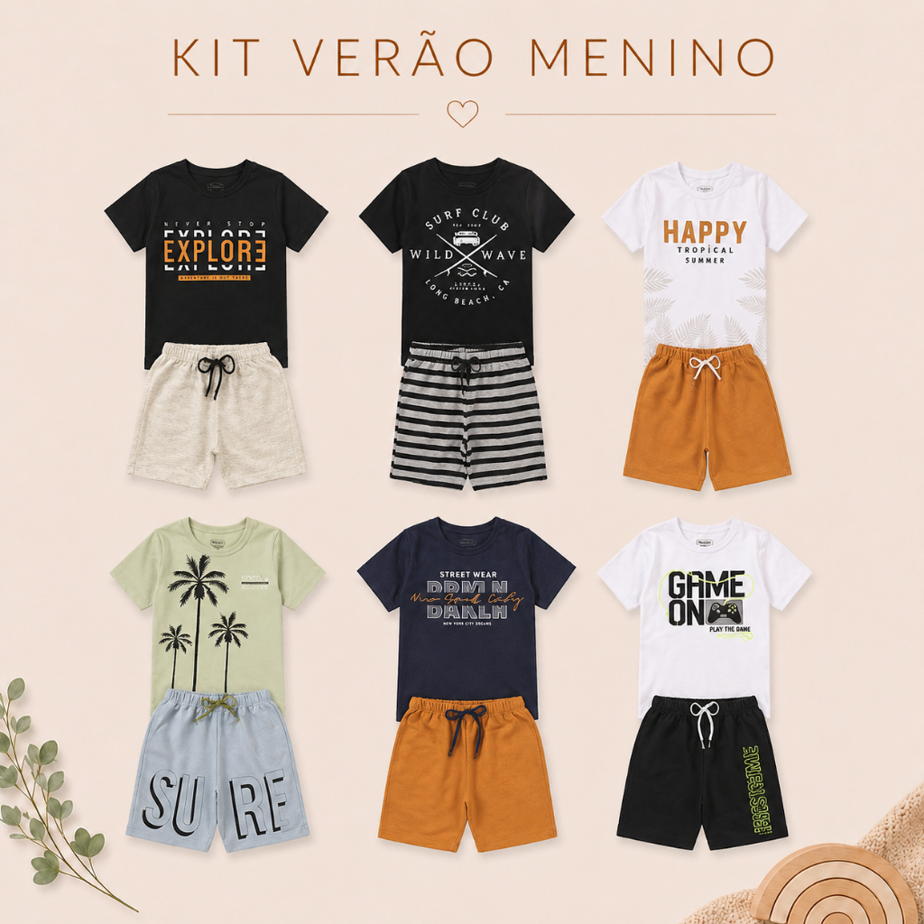 KIT SORTIDO 8 PEÇAS DE ROUPA INFANTIL MENINO CONJUNTO DE VERÃO 4 CAMISETAS 4 BERMUDAS