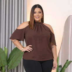 Blusa Feminina Elegante Plus Size Ombro Vazado Moda 2026