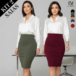 Kit 2 Saias Midi Executiva Saia Lapis Premium Não Fica Transparente Elastano