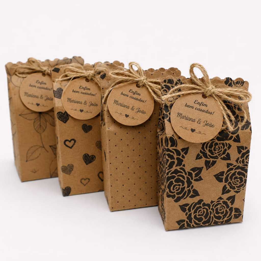 Caixinha Para Bem Casados Kraft Com Tag Personalizada lembrancinha casamento aniversário debutante