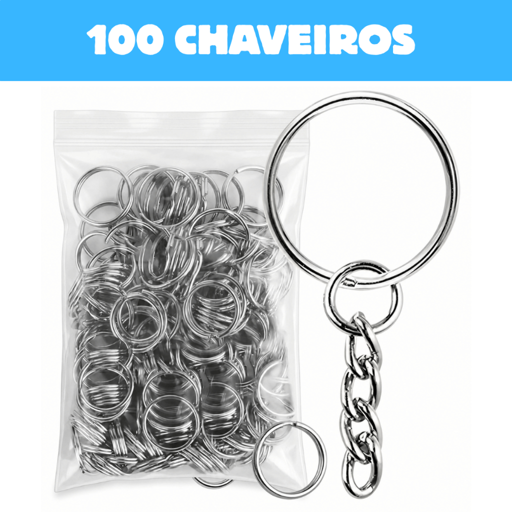 100/50 Unidades Argola com Corrente Chaveiro Ferro Brinde 20mm Aneis