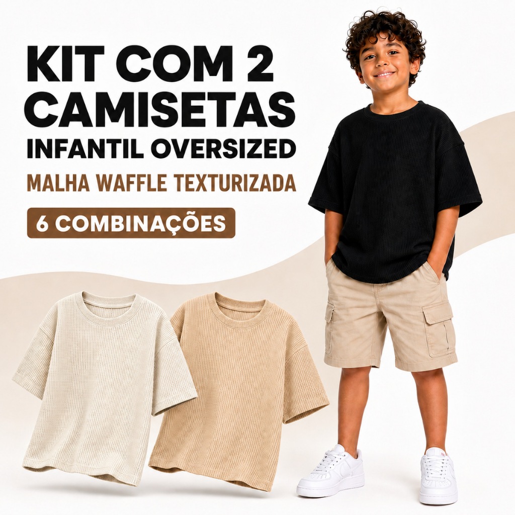 Kit 2 Camisetas Infantil Oversized Texturizada100% Malha Waffle Manga Curta Oversized Lisa para Menino Estilo Casual
