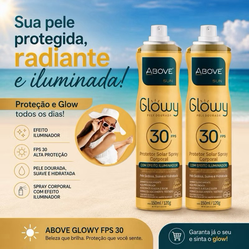 KIT COM 02 Protetor Solar Spray Corporal Glowy 30fps COM EFEITO ILUMINADOR 150ml ABOVE