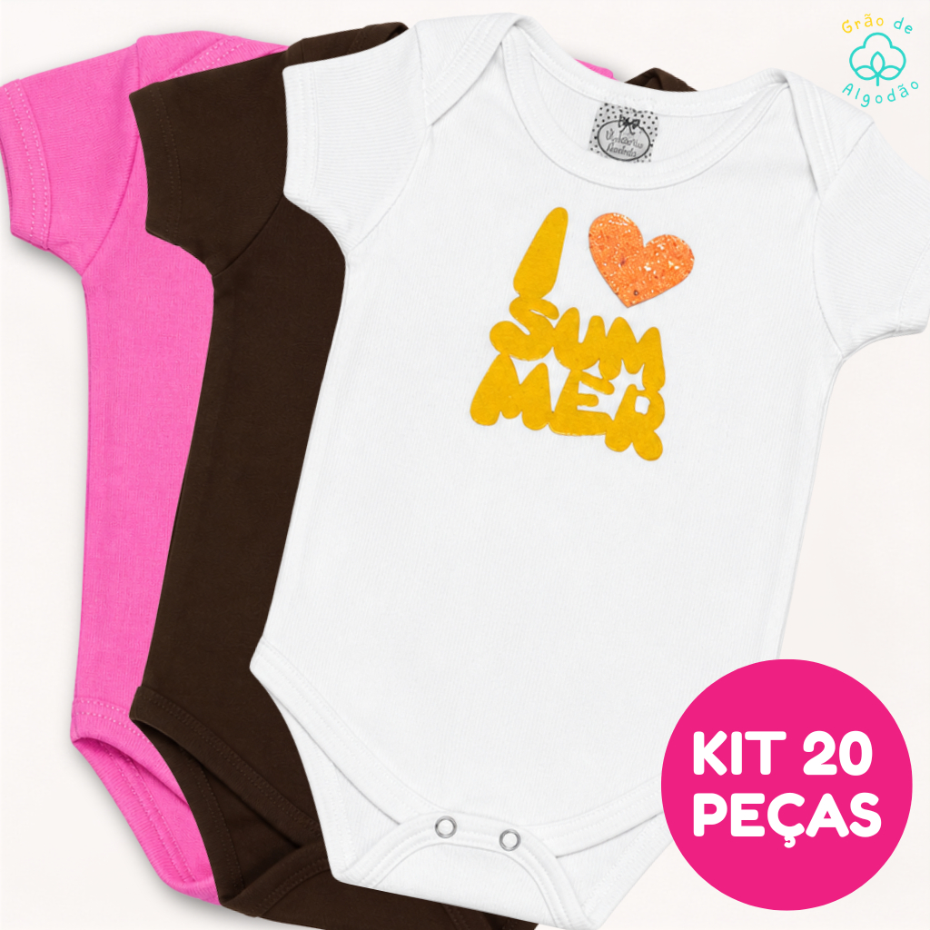 Kit 10 Body Manga Curta Estampado + Short Roupa de Bebê Malha/Canelada/Algodão Menina