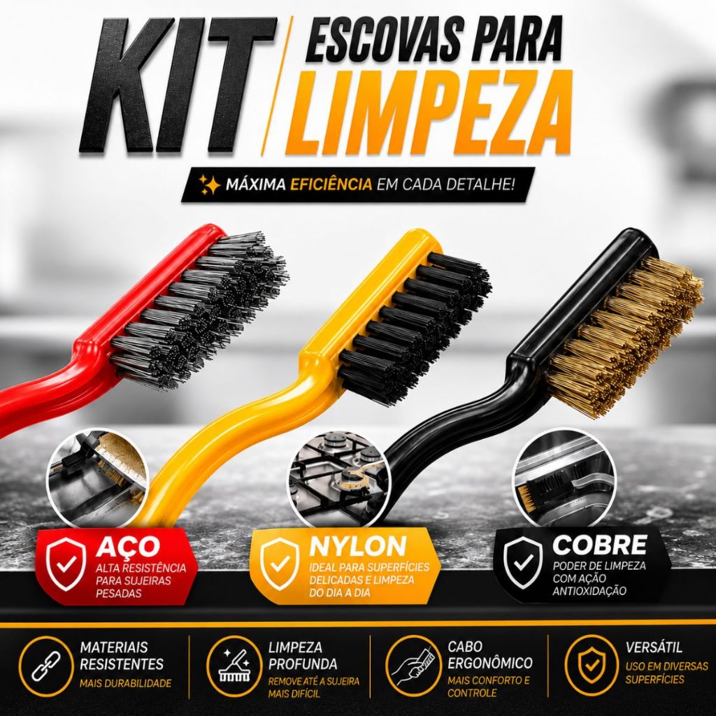 Kit Escovas para Limpeza Pesada Aço Cobre e Nylon Remove Ferrugem Gordura para Fogão Grelha Churrasqueira