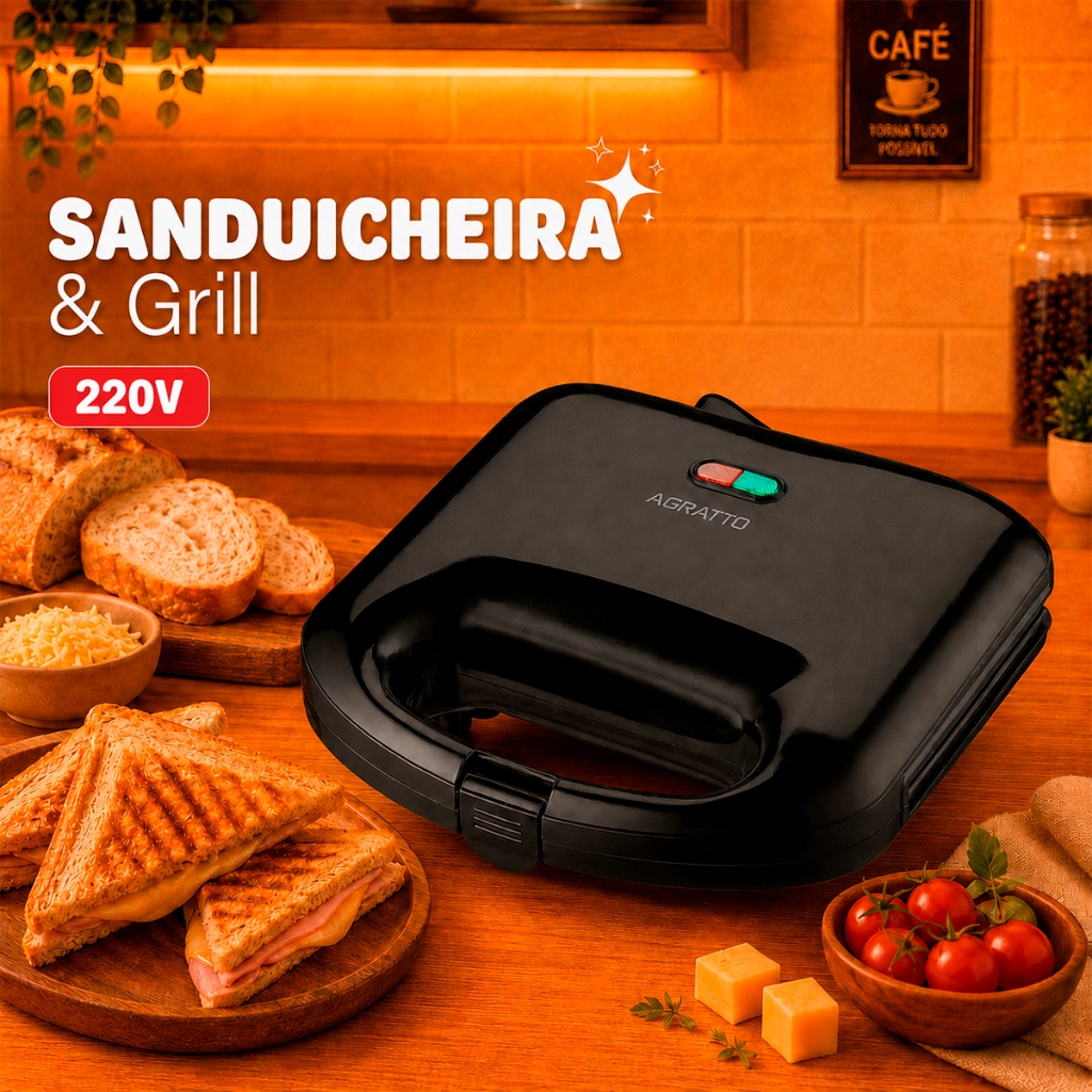 Sanduicheira Elétrica E Grill 2 em 1 Agratto Inox Torradeira Antiaderente 220V 750W Preta