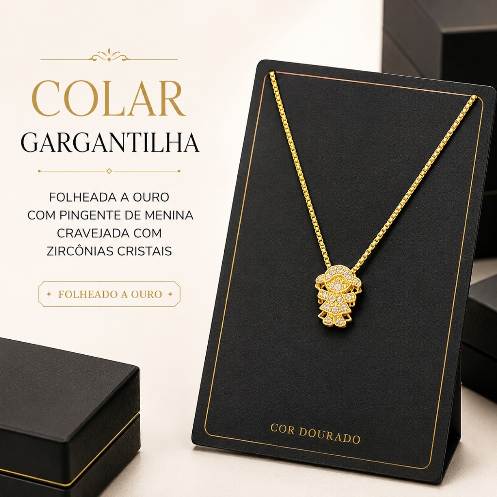 Colar Gargantilha Feminina Folheada a Ouro com Pingente de Menina Cravejada em Zircônias Cristais Delicado