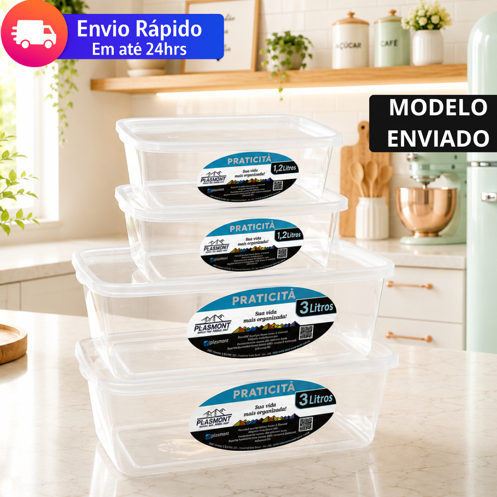 Jogo 4 Potes PRESIDIO Transparente 1,2 L E 3,0 L Retangular