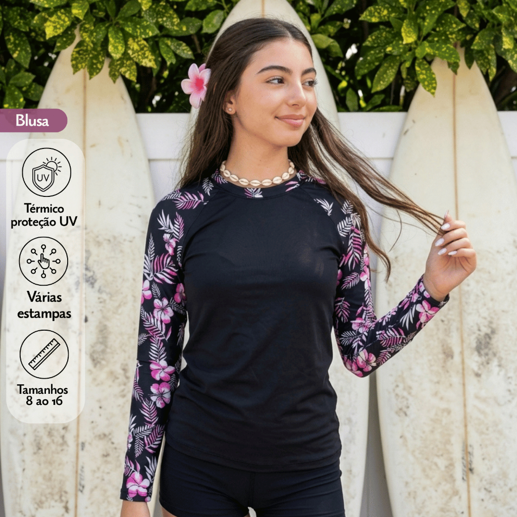 Blusa Menina Manga Estampada Adolescente Proteção UV50 Tropical Manga Longa Praia e Piscina Lavin Basic 15-ME