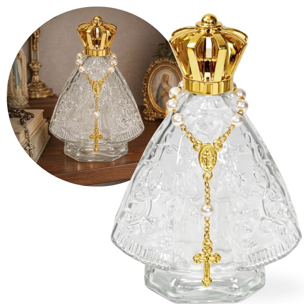 Kit 06 Vidros Mini Santinha Nossa Senhora Aparecida 60ml C/ Tampa Coroa e Mini Terço