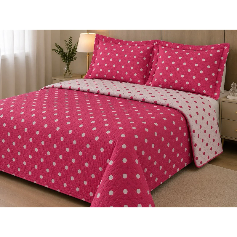 Kit Cobre Leito Colcha Dupla Face Queen com 2 Porta Travesseiros Matelado Poá — imagem 1