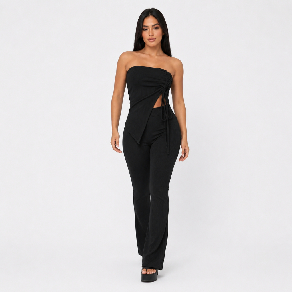 Conjunto Feminino Calça E Blusa Cropped Tomara Que Caia Assimetrica