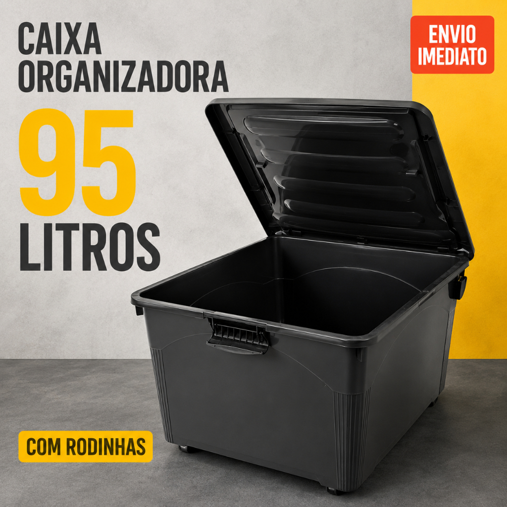 Caixa Grande Injeplastec 95L Preta com Tampa Rodinhas Travas e Alça Lateral