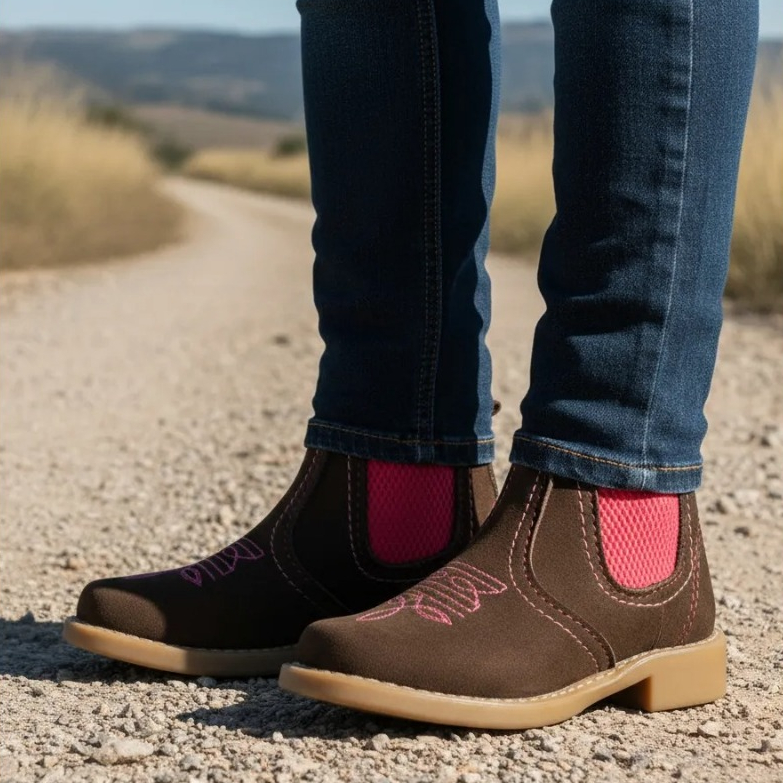 Bota Botina Jeca Jequinha Infantil Feminina Menina Bordada Couro Legitimo Confortável Cano Curto Lançamento Country