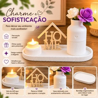 Kit Bandeja Decorativa com Vaso e Palavra HOME | Decoração para Sala Quarto, Presente, Bandeja, conjunto decoração