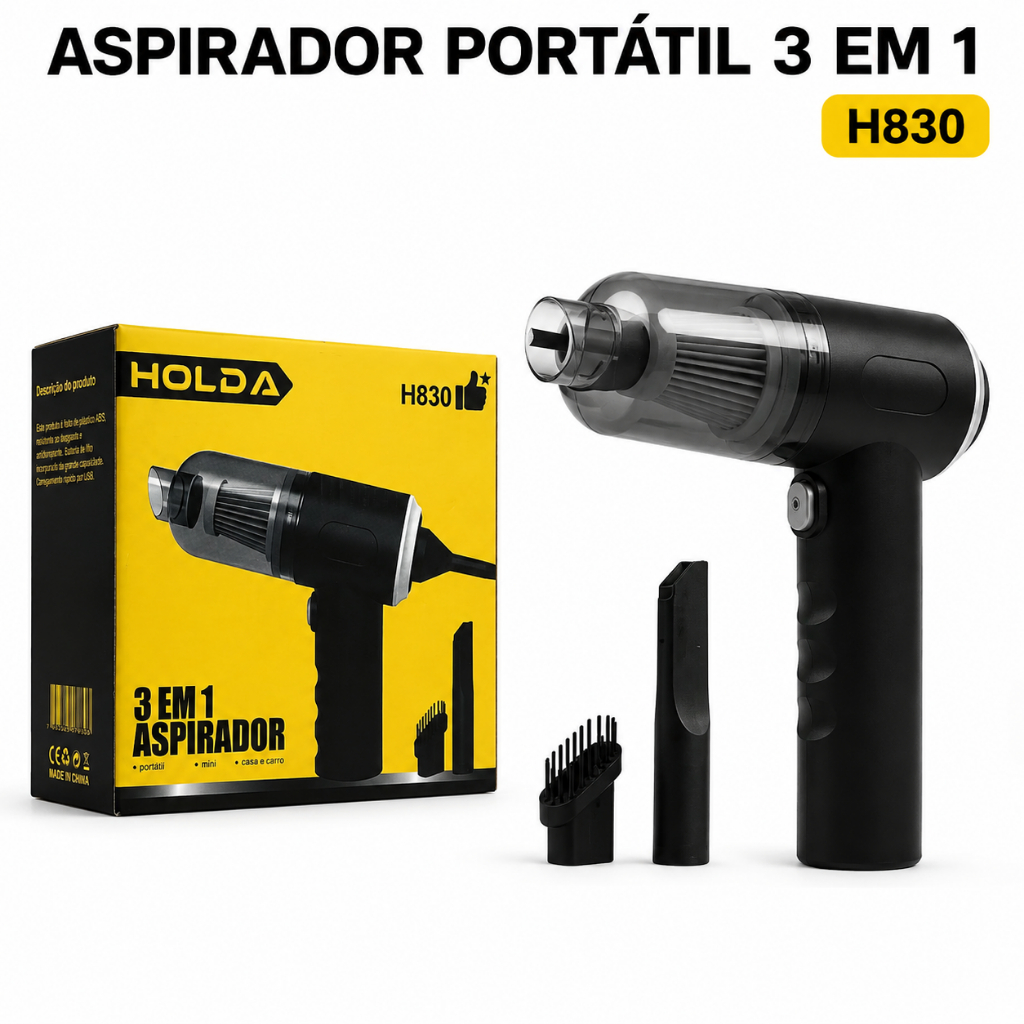 Aspirador de Pó Portátil 3 em 1 Holda H830 Sem Fio Recarregável USB para Carro e Casa