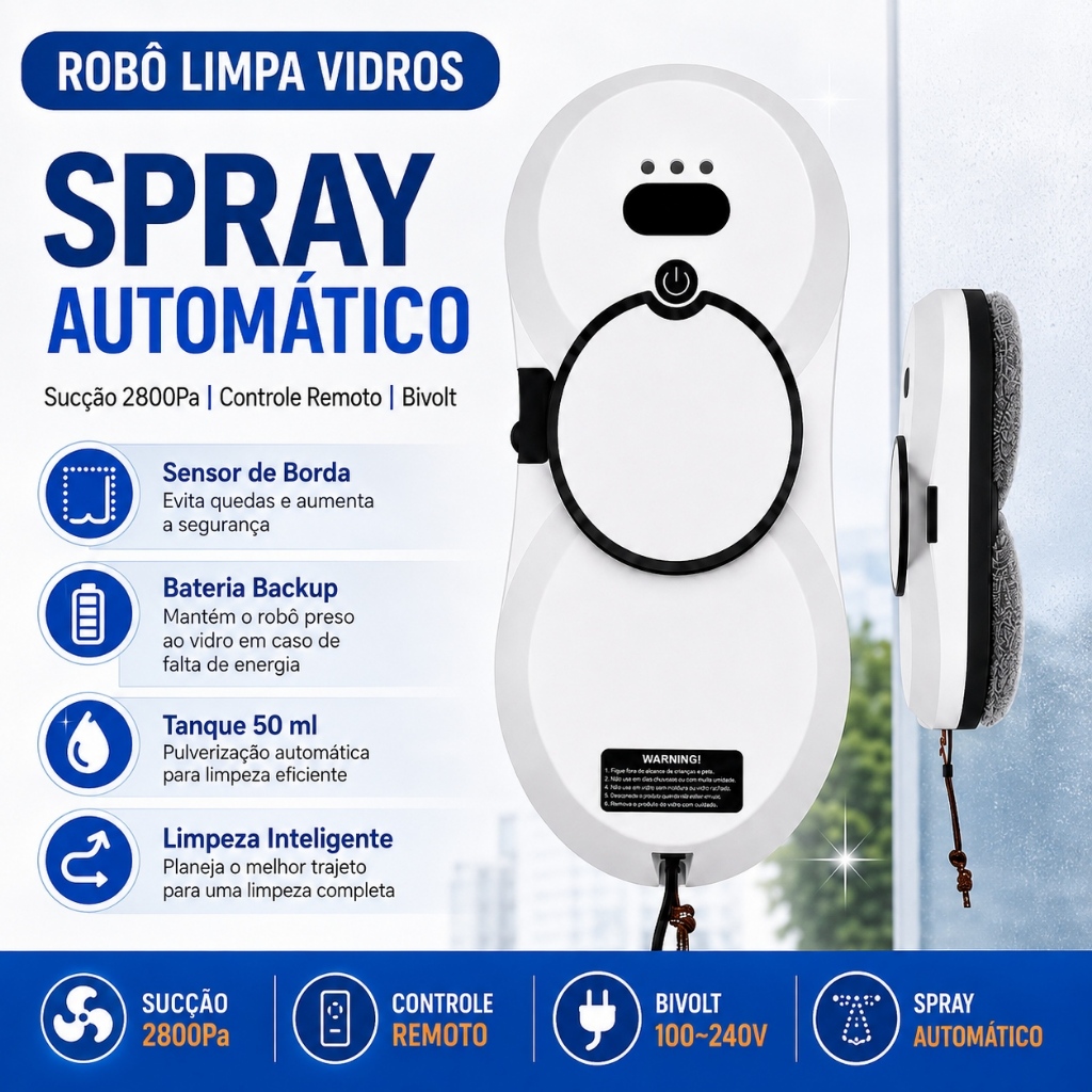 Robô Limpa Vidros 2800Pa Bivolt com Spray Automático e Controle Remoto para Janelas e Espelhos