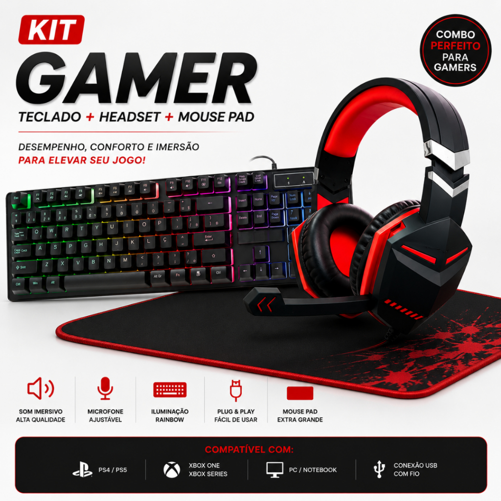 Kit Gamer Completo Teclado Mouse Led Rgb Mouse pad e Fone de ouvido Headset para Pc e mobilador