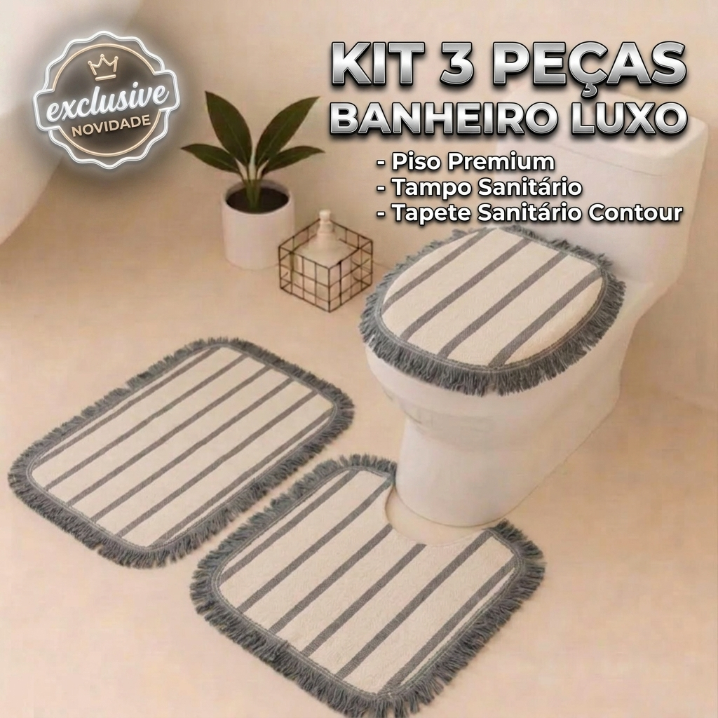 Kit Jogo De Banheiro 3 Peças Tapete E Tampa Sanitário Tecido Algodão Com Franja Luxo Promoção