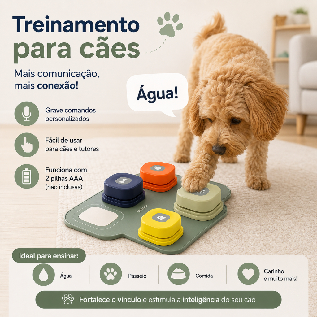 Botões Graváveis para Comunicação Pet Cachorro Treinamento Fala Interativo com Tapete Adesivos Kit 4 Unidades Educativo