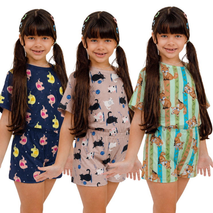 Kit Sortido 3 conjuntos pijama infantil menina pijama feminino estampado blusa e short