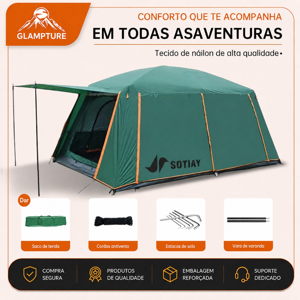 Tenda De Camping Familiar Barraca Acampamento Impermeavel Portátil Para Viagem E Lazer 330x210cm