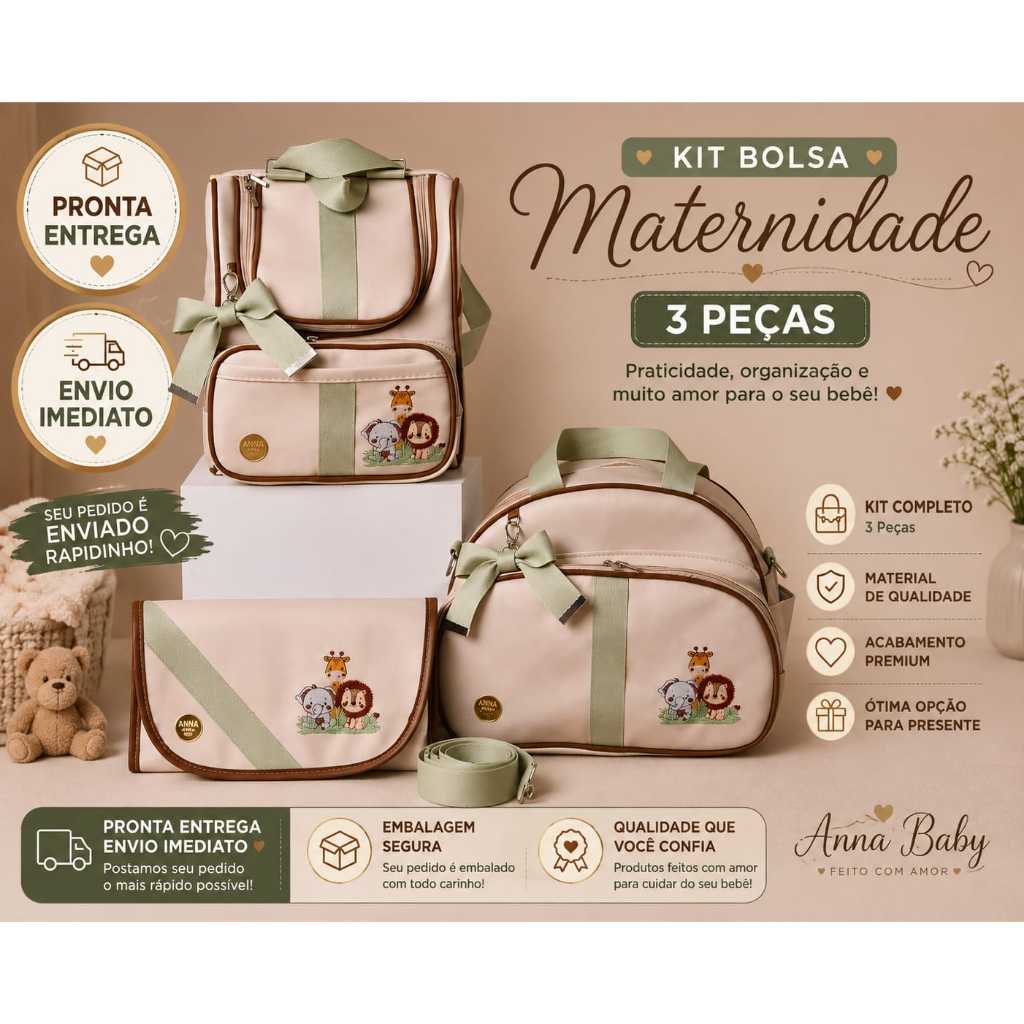 Kit Bolsas Luxo Maternidade 3 Peças Mochila 2em1 + Bolsa Grande e trocador Térmicas e Impermeável
