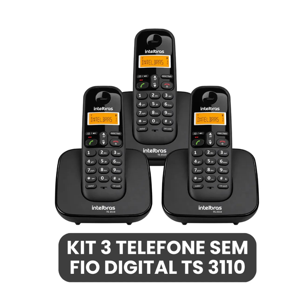 Kit 3 Telefones Sem Fio Intelbras TS 3110 DECT 6.0 Preto