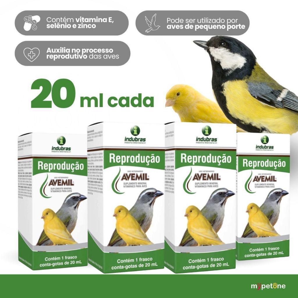 Kit 4 Avemil Reprodução 20ml Indubras Suplemento Vitamínico Pássaros e Aves