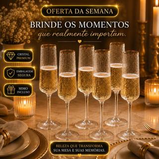 Jogo 6 Taças Champanhe Cristal Premium Fio de Ouro 300ml Lyor Kit Luxo Taças Elegantes para Momentos Especiais