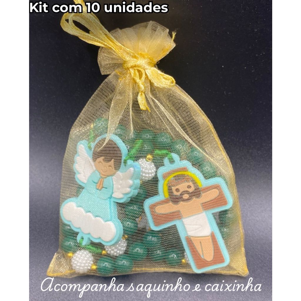 Kit 10 Terços Infantis Personalizados Lembrancinha Batizado Primeira Comunhão + Saquinho Organza Dourado