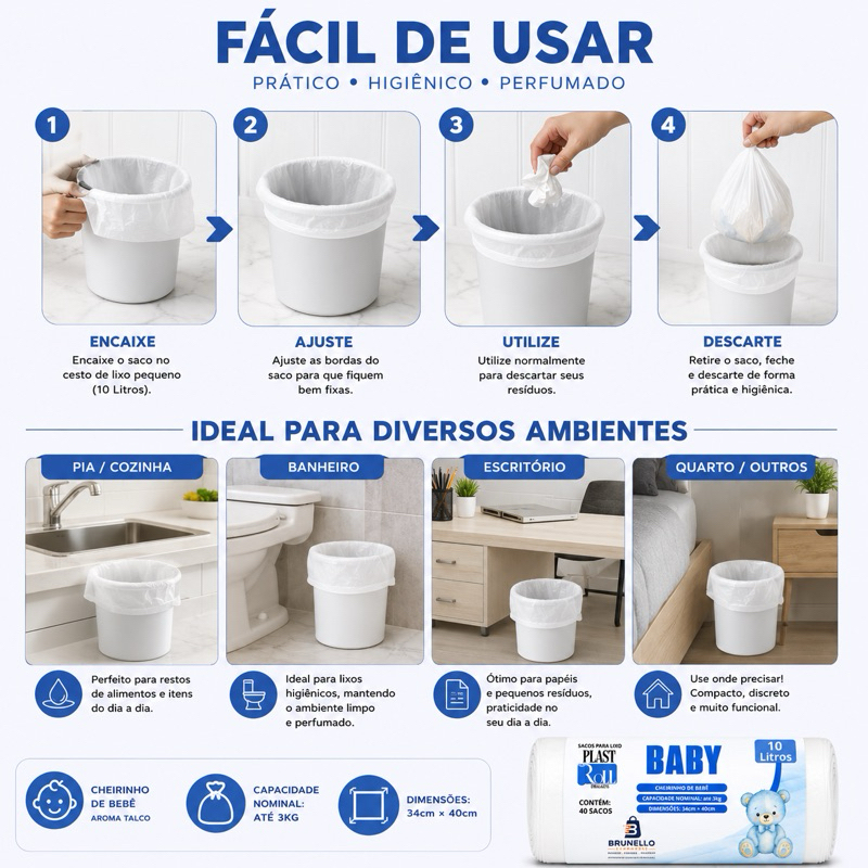 Saco de Lixo Perfumado Talco Kit 80 sacos cheirinho de Bebe Pia Banheiro Cozinha Multiuso anti Odor 10L Reforçado 80 — imagem 2 de 2