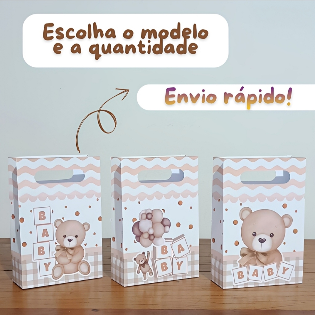 KIT FESTA - Lembrancinhas Personalizadas Sacolinhas CHÁ REVELAÇÃO URSINHO BEGE NEUTRO