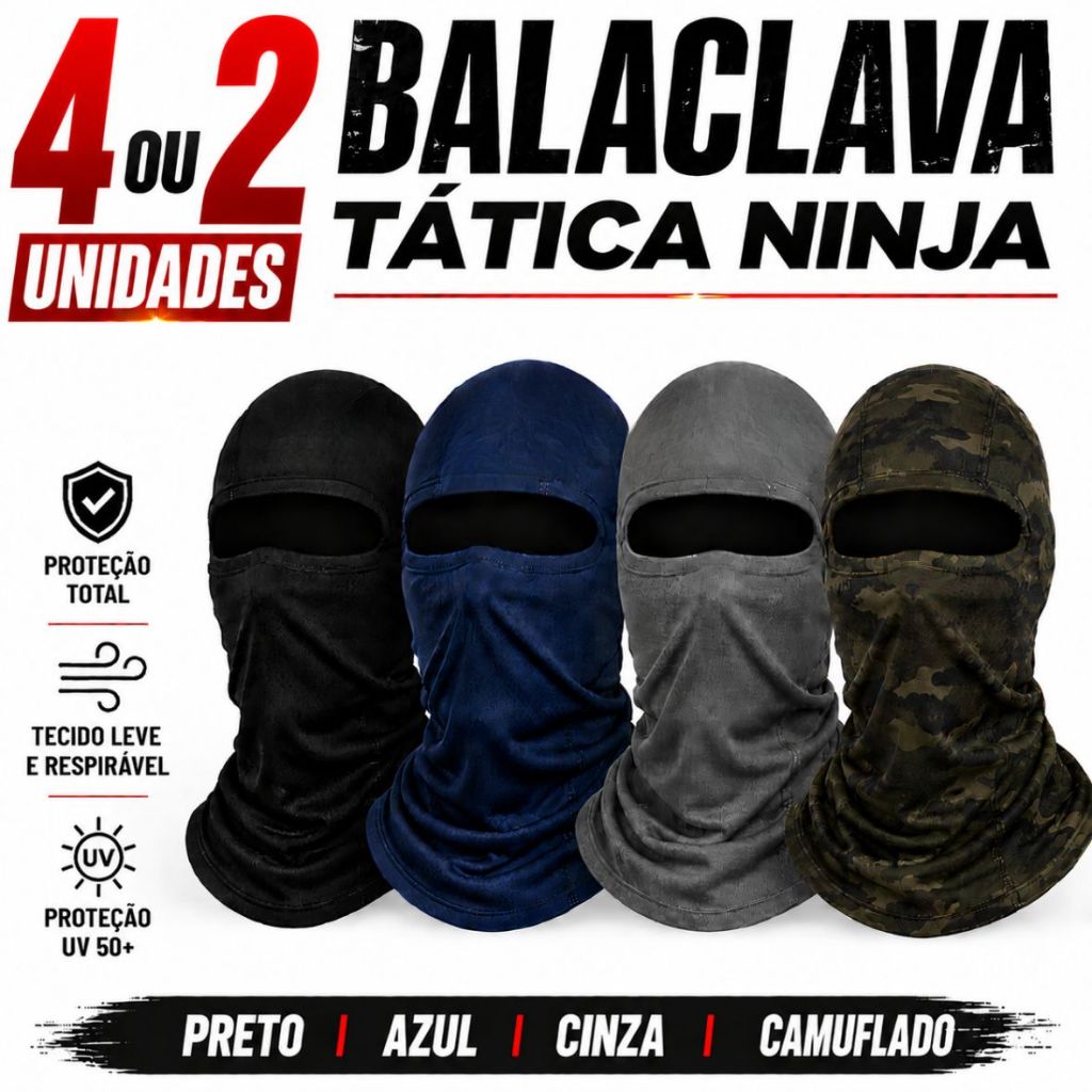 Kit Com 4 2 Touca Ninja Balaclava Bandana Motoqueiros Militar Facial Frio Máscara Moto proteção solar  UV 50+ térmica