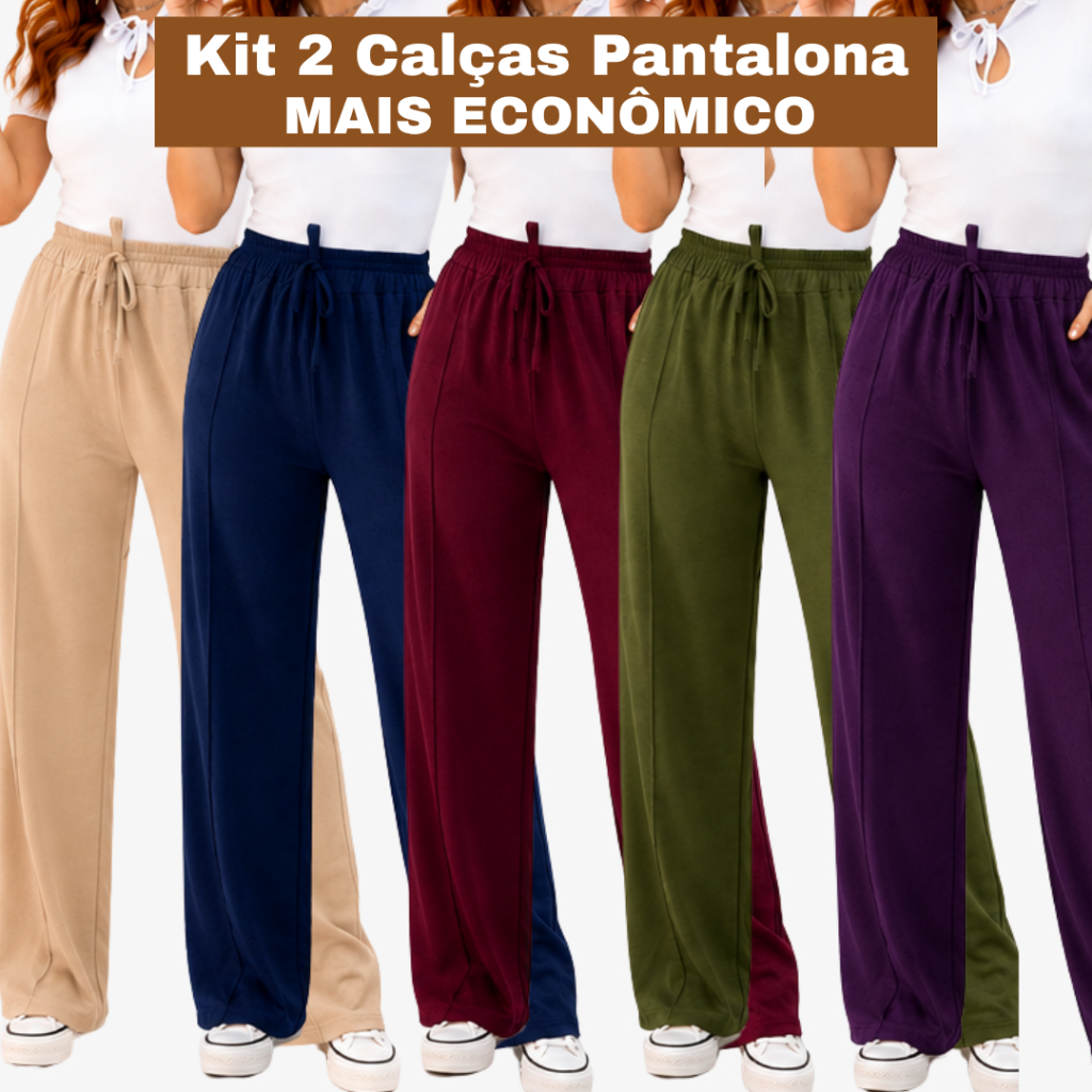 Kit 2 Calça Pantalona Feminina Cintura Alta Alfaitaria Duna Com Bolsos Confortável Wid Leg Elegante.