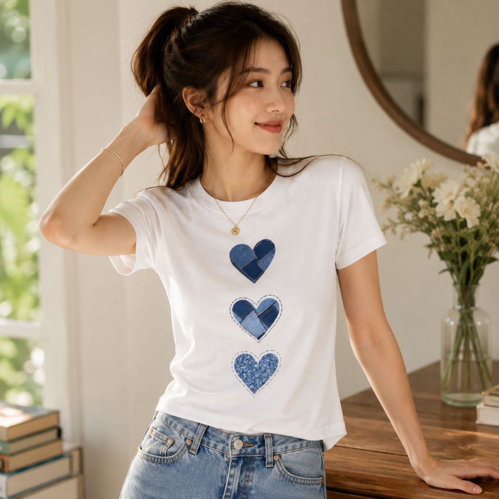Camiseta Feminina Coração Estampada 100% Algodão Manga Curta Casual Moderna Look Confortável Presente Delicado